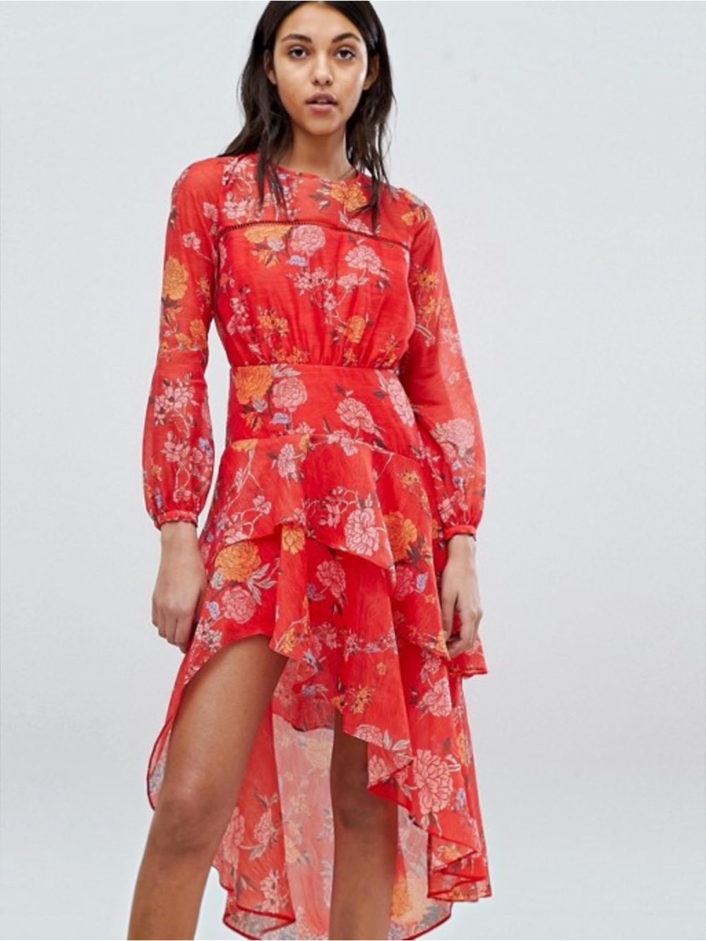 FINDER Red Floral Tiered High-Low Dress